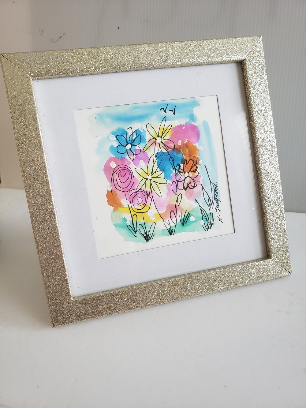 Framed Floral Original Watercolor Art in Blue, Pink, Yellow